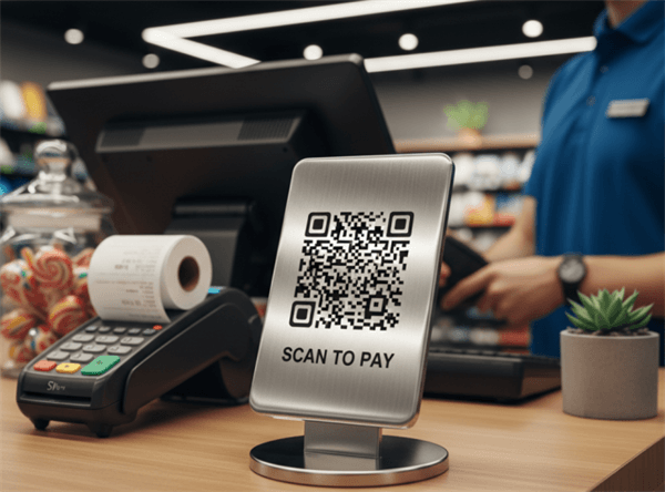 Stainless steel QR code at checkout
