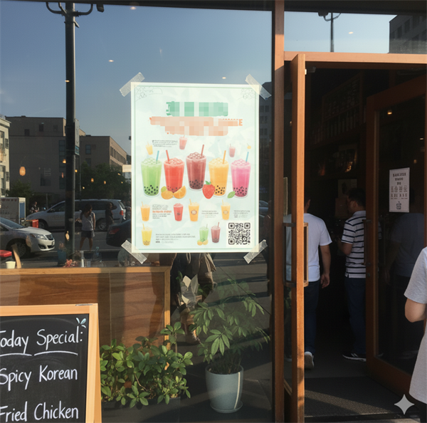 स्टोरको प्रवेशद्वारमा प्रचार पोस्टरमा क्यूआर कोड