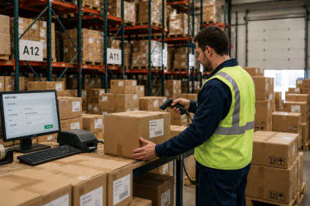 scanning barcodes in warehouse गोदाममा बारकोडहरू स्क्यान गर्दै